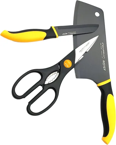 Miniatura 2 de GARASANI Juego de 3 cuchillos de chef, acero inoxidable, revestimiento de cerámica negra, 1 cuchillo de cocina chino, 1 cuchillo de fruta, 1 tijeras