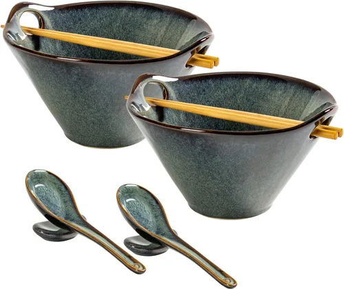 Miniatura 19 de UNICASA Juego de 2 cuencos japoneses para ramen con palillos, cucharas y reposos, 26 onzas, para fideos de porcelana profunda, Udon, Pho, ensalada