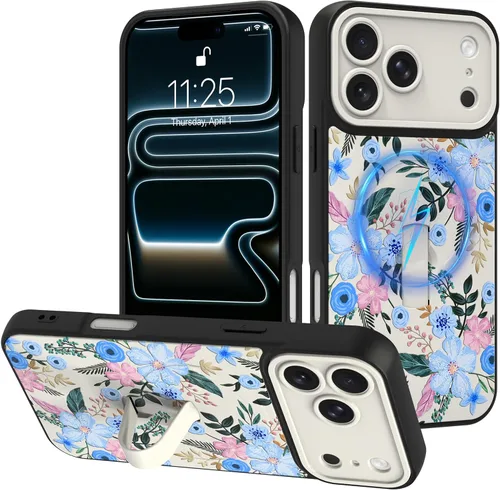 Miniatura 7 de Funda diseñada para iPhone 17 Pro Max con soporte plegable y correa para dedos, bonito patrón de lazo de corazón de flor rosa para mujeres y niñas