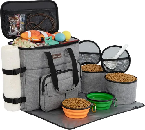 Miniatura 10 de Modoker Bolsa de comida para perros, juego de viaje aprobado por aerolíneas, organizador portátil de accesorios de pañales con 2 contenedores de Rosa
