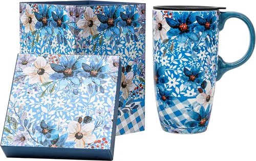 Miniatura 10 de Taza de viaje de cerámica de 17 onzas con tapa y asa, taza de café con patrón floral de abeja, apta para microondas y lavavajillas, taza de café