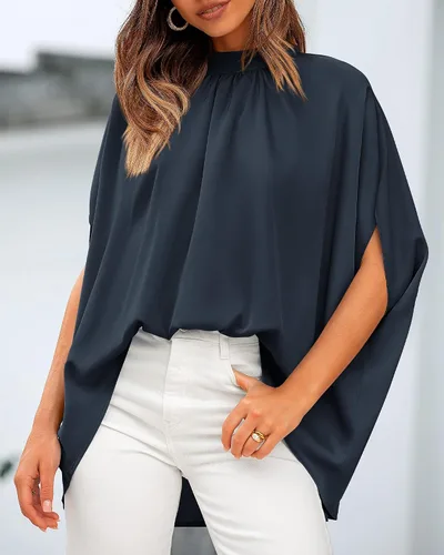 Miniatura 132 de BTFBM Blusas de verano para mujer, cuello alto falso, manga murciélago, holgadas, dobladillo alto y bajo, blusas informales de gran