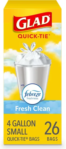Glad Febreze - Bolsas de basura pequeñas de 4 galones, bolsas de basura frescas y limpias, resistentes al olor con amarre rápido, 26 unidades