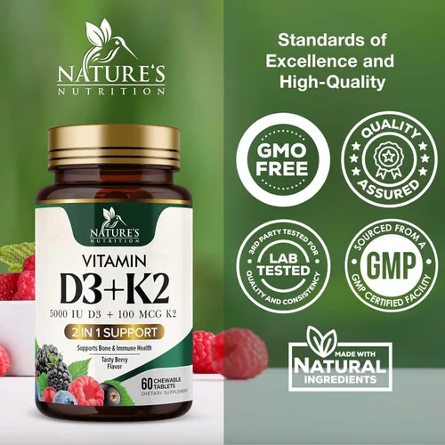 Miniatura 4 de Suplemento de vitamina D3 K2 5000 UI D3 + K2 100 mcg MK-7 K2 con vitamina D Apoya la salud inmunológica, cardíaca, dental y ósea, fácil