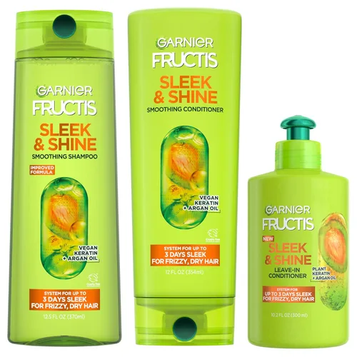 Garnier Fructis Sleek & Shine Champú, Acondicionador + Juego de Acondicionador Sin Enjuague para Cabello Encrespado y Seco, Queratina Vegetal +