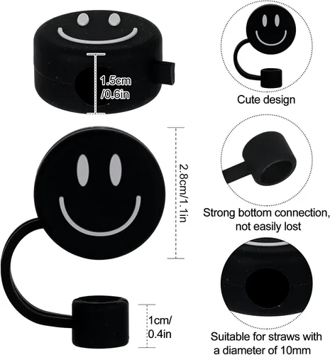Miniatura 2 de Whaline 6 fundas de paja negras con diseño de sonrisa de 0.4 pulgadas, de silicona, reutilizables, redondos, con patrón de doble cara, para vasos