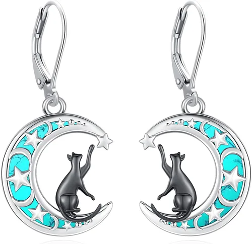 Miniatura 189 de Aretes colgantes de plata de ley con diseño de árbol de la vida, flor, abeja, animales, gato, colibrí, piedra lunar, turquesa, aretes con cierre
