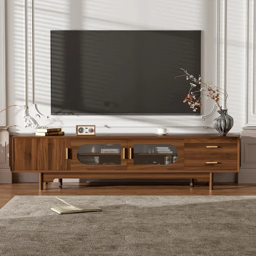 Miniatura 25 de JIVOIT Moderno soporte de TV de ratán para televisores de hasta 80 pulgadas, mesa consola inspirada en ratán con 3 gabinetes y 2 cajones, armario
