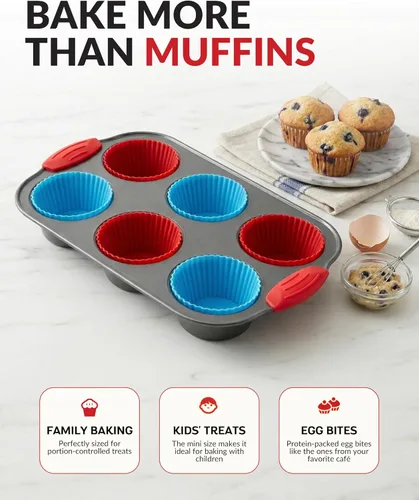 Miniatura 7 de Boxiki Kitchen Molde de acero antiadherente para magdalenas de 6 tazas con asas de silicona y forros reutilizables, perfecto para hornear magdalenas