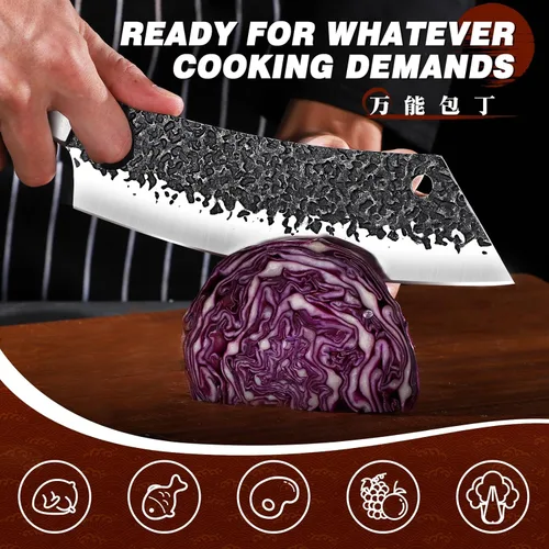 Miniatura 5 de Huusk Cuchillos de carnicero para carne, juego de cuchillos de cocina vikingos de acero al carbono forjado a mano con bolsa de rollo