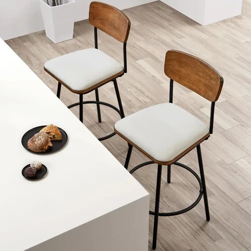 Miniatura 5 de CHITA Juego de 2 taburetes giratorios de bar tapizados de tela, altura del asiento de 27 pulgadas, marco de metal y madera, color crema