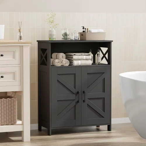 Miniatura 9 de Homhedy Armario de almacenamiento de baño con 2 puertas, gabinete de papel higiénico con estante ajustable, gabinete de baño pequeño para Negro