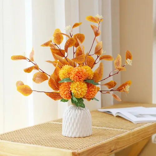 Miniatura 4 de Hananona Ramo de flores artificiales de crisantemo, crisantemos naranja con tallos de eucalipto, ramo de otoño naranja falso para centros de mesa