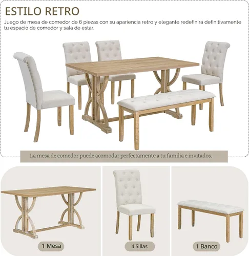 Miniatura 5 de Merax - Juego de 6 mesas de comedor de madera maciza para 6, mesa de cocina rectangular de granja con 5 sillas tapizadas y 1 banco, juego de comedor