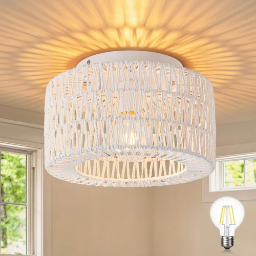 Miniatura 10 de SineRise Lámparas de techo de ratán (30 cm, bombilla LED incluida), lámpara de techo de montaje empotrado tejida a mano estilo bohemio, lámpara