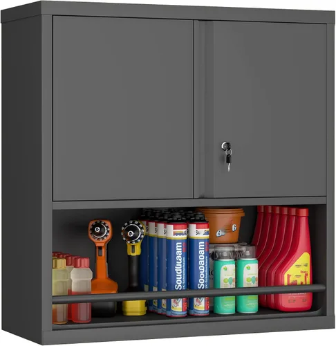 Miniatura 9 de IRONFFICE Gabinete de pared de garaje, gabinetes de pared con bloqueo de metal con estante ajustable, gabinete de almacenamiento con cerradura