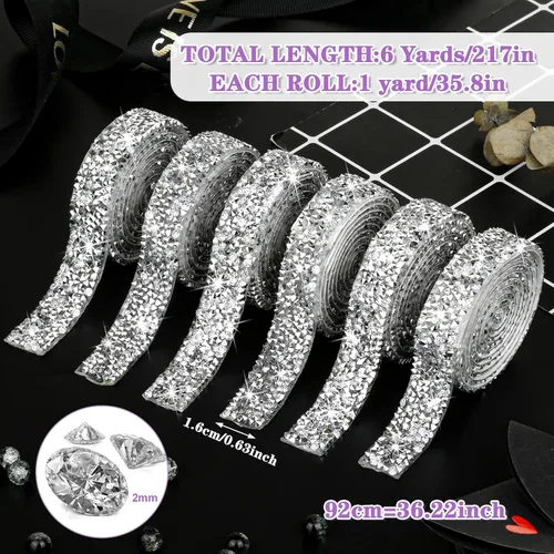 Miniatura 2 de 6 rollos de cintas de diamantes de imitación autoadhesivas, tiras de diamantes de imitación de resina plateada, calcomanías de diamantes