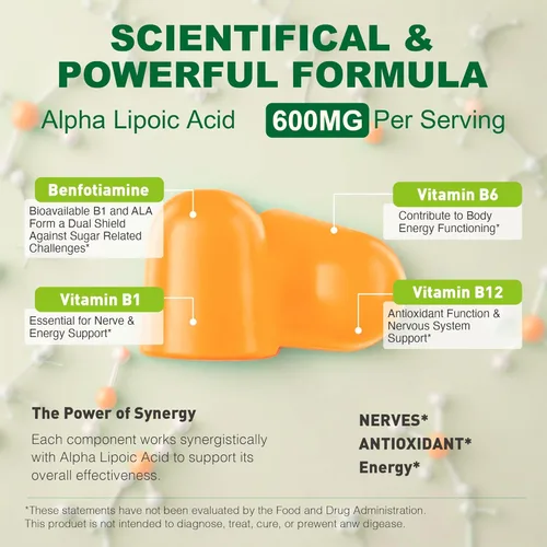Miniatura 6 de Gomitas de ácido alfa lipoico, 2 paquetes, veganas, sin azúcar, suplemento de 600 mg de ALA, ácido alfa lipoico puro de 600 mg con benfotiamina