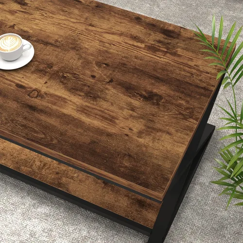 Miniatura 5 de HSH Mesa de centro de madera con almacenamiento, mesa de café rústica marrón para sala de estar, mesa central moderna minimalista de 2 niveles, mesa
