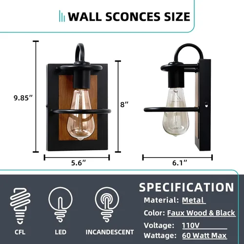 Miniatura 6 de Apliques de pared estilo granja, iluminación de pared industrial moderna en interior con base E26 color madera falso acabado negro mate, lámpara