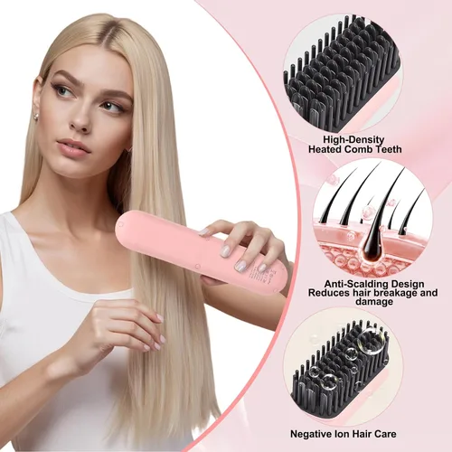Miniatura 5 de Cepillo alisador de pelo inalámbrico, 2 en 1, portátil, recargable, alisador de pelo, para viajes, mini cepillo eléctrico negativo de calor rápido