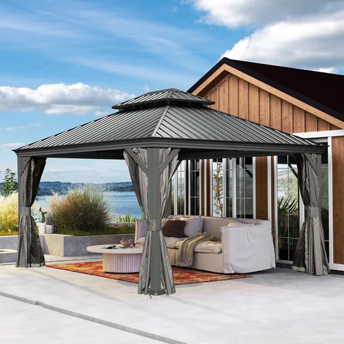 Miniatura 31 de Domi - Cenador de techo rígido de 8 x 8 pies con malla y cortinas, cenador para exteriores con techo doble de acero galvanizado para patio, césped