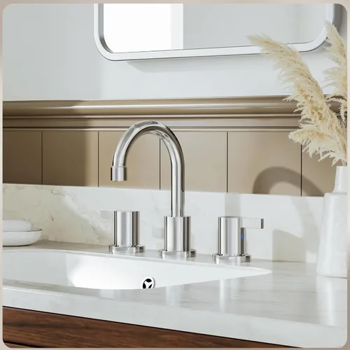 Miniatura 9 de Phiestina Grifo de baño cromado extendido de 8 pulgadas con 3 orificios, grifo de tocador de baño de 2 manijas con desagüe emergente de metal