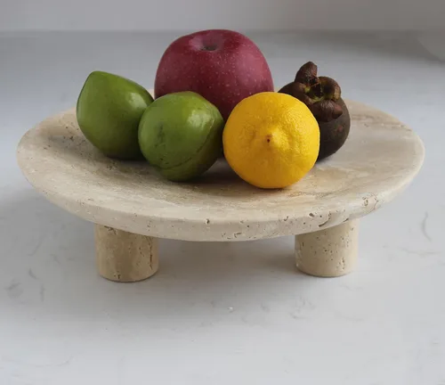 Nawgnail Frutero de travertino hecho a mano para encimera de cocina de 10 pulgadas, cuenco decorativo grande para decoración del hogar, moderno
