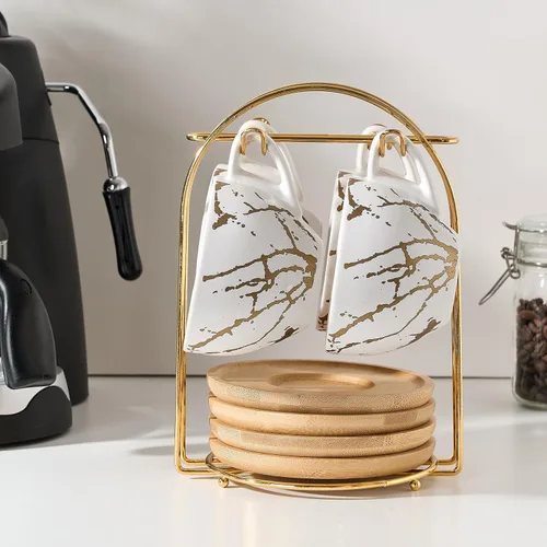 Miniatura 3 de LUKA Juego de 4 tazas de café expreso Demitasse de cerámica con platillos y soporte de metal, tazas de capuchino apilables de porcelana de 8 onzas