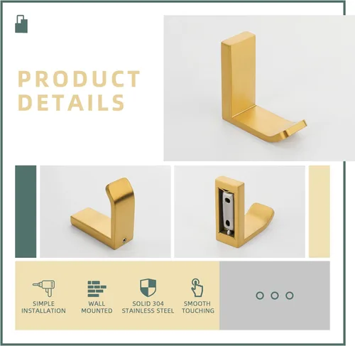 Miniatura 8 de Aomasi Gancho para bata de toalla, oro cepillado, soporte para toallas de mano de acero inoxidable 304, soporte de pared para colgar ropa de baño
