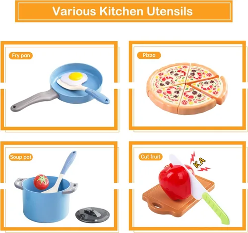 Miniatura 4 de Juego de cocina de 150 piezas, accesorios de cocina para niños pequeños, alimentos, manta de picnic, frutas, verduras, paquete de 2 cestas de Azul