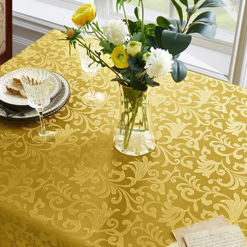 Miniatura 5 de SiinvdaBZX Mantel rectangular de damasco, diseño jacquard de lujo, mantel dorado de 60 x 84 pulgadas, mantel de poliéster satinado sin arrugas