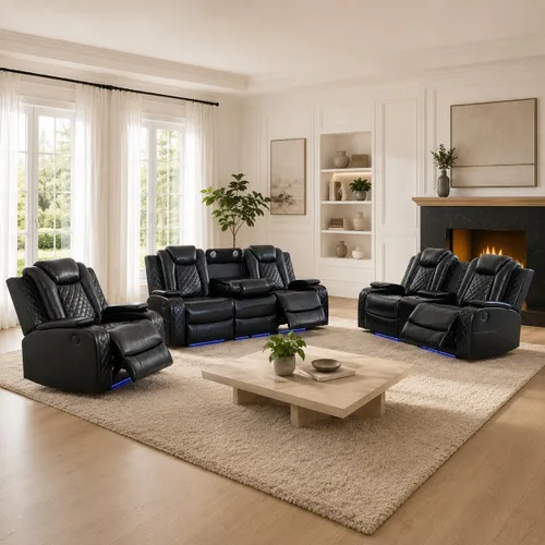 Juego de sofá reclinable eléctrico de cuero de 3 piezas para sala de estar con puertos USB, iluminación ambiental LED y consola de almacenamiento,