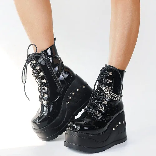 Miniatura 5 de Erocalli Botas de plataforma góticas para mujer con cordones con cadena botines cortos con tachuelas