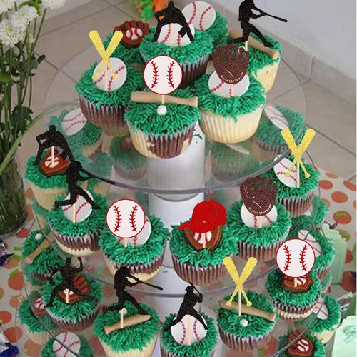 Miniatura 4 de 24 piezas de adornos para cupcakes de béisbol con purpurina, jugadores de béisbol, temática deportiva, adornos para magdalenas, temática deportiva