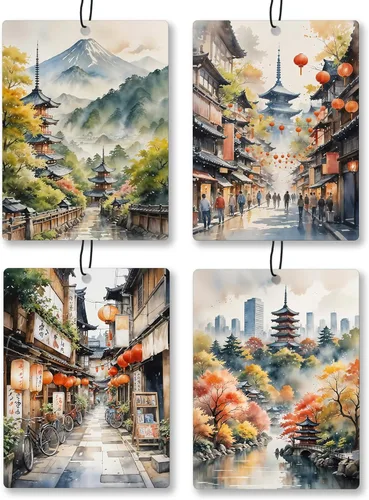 Ambientador de coche Exqcom Paisaje japonés vintage 4 piezas, ambientador colgante con templo y montañas en acuarela, ambientador perfumado retro