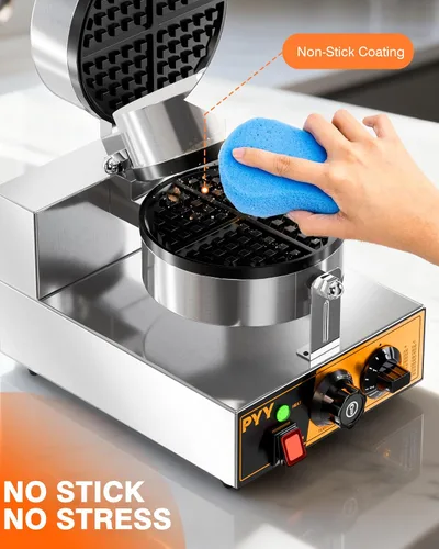 Miniatura 5 de PYY Gofrera Comercial - Plancha de Gofres Antiadherente de 1300W, Máquina de Gofres Belga Redonda de Acero Inoxidable 20Pcs/H, Control de Tiempo