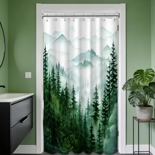 Miniatura 46 de Cortina de ducha azul marino de bosque Cortina de ducha azul oscuro de montaña y naturaleza para decoración de baño de hombres, tela impermeable