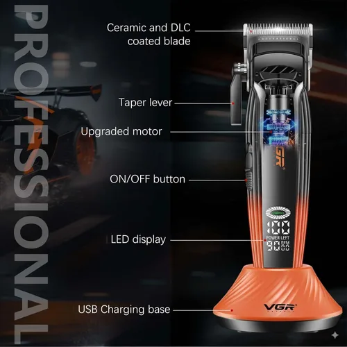 Miniatura 7 de VGR 889C - Cortadora de pelo profesional para hombres, 9000 rpm, inalámbrica, con cuchillas de cerámica y MIM, 6 peines guía magnéticos, pantalla