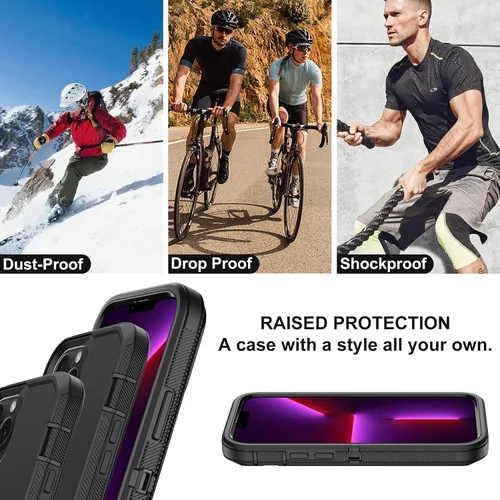 Miniatura 6 de Funda para iPhone 13 Pro Max con 2 protectores de pantalla, protección contra caídas a prueba de golpes, cuerpo completo, resistente, 3 capas, Negro