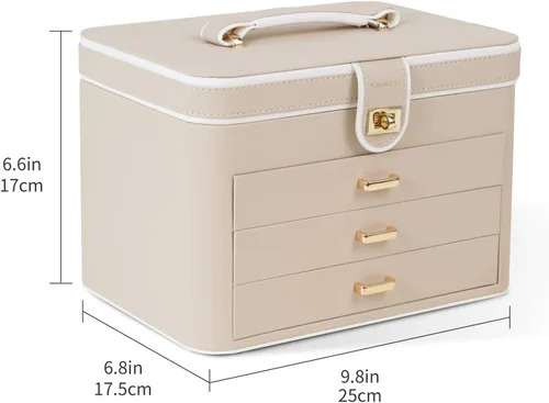 Miniatura 5 de KAMIER Caja organizadora de joyas, organizador de joyas de 4 capas con espejo, 3 cajones, caja de joyería grande para pulseras, aretes, anillos
