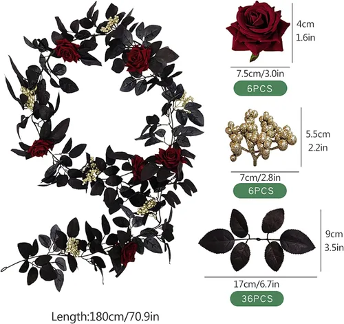 Miniatura 4 de Guirnalda artificial de seda negra de 5.9 pies para Halloween, flores artificiales de seda con hojas, flores decorativas artificiales para colgar