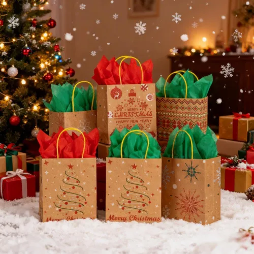 Miniatura 8 de 24 bolsas de regalo de papel kraft de Navidad con 24 papeles de seda, bolsas de dulces navideños de 7 x 8.6 x 3 pulgadas con asas, bolsas de dulces