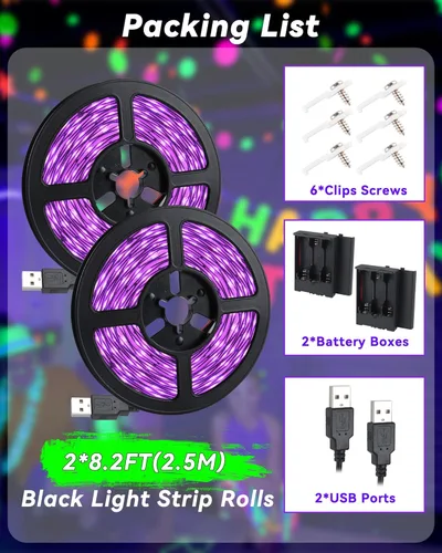 Miniatura 6 de Tira de Luz Negra de 16.4 Pies con Enchufe USB + Caja de Batería, Accesorio de Luz Negra Adhesivo de 300 LEDs, Funciona con Batería y USB