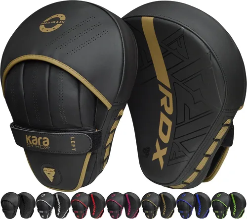 Miniatura 13 de RDX Almohadillas de boxeo Curvadas Focus Mits, Maya Hide Leather Kara Hook and jab Training Pads, correa ajustable ventilada, MMA Muay Thai Rojo