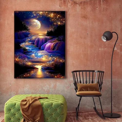 Miniatura 5 de KINPLUB Kits de Pintura de Diamante 5D para Adultos, Kits de Arte de Diamante de Cascada Lunar para Principiantes, Pintura de Paisaje Lunar