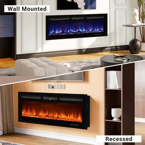 Miniatura 8 de oneinmil - Chimenea eléctrica de 50 pulgadas de ancho para empotrar/montar en pared, chimenea eléctrica con control remoto con temporizador, 12