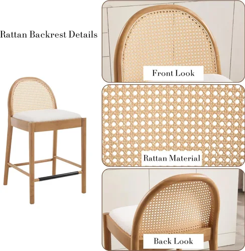 Miniatura 4 de HEAH-YO Taburetes de bar de ratán, juego de 2, taburetes de barra de 26 pulgadas de altura de mostrador con respaldos de ratán y patas de madera