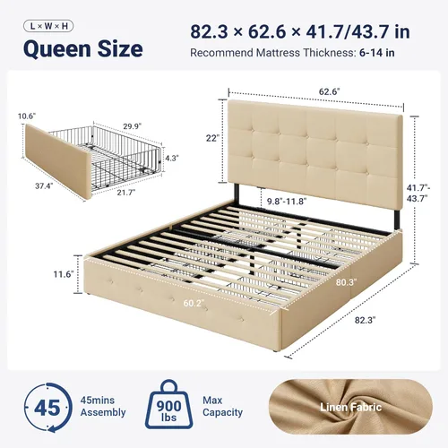 Miniatura 2 de Allewie - Base de cama con plataforma de tamaño Queen, tapizada, con 4 cajones de almacenamiento y cabecera, diseño cosido en cuadrados con botones