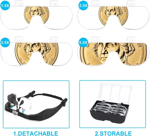 Miniatura 2 de Lupa de cabeza con lupa ligera recargable para diadema para trabajo cercano, lentes intercambiables de 1.5 x 2.5 x 3.5 x 5 x para lupa de joyero